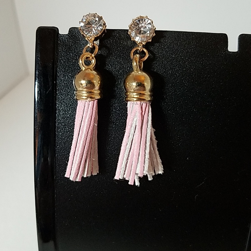 Tassel Pink & Faux Diamond Stud Gold Tone 1.5'earrings